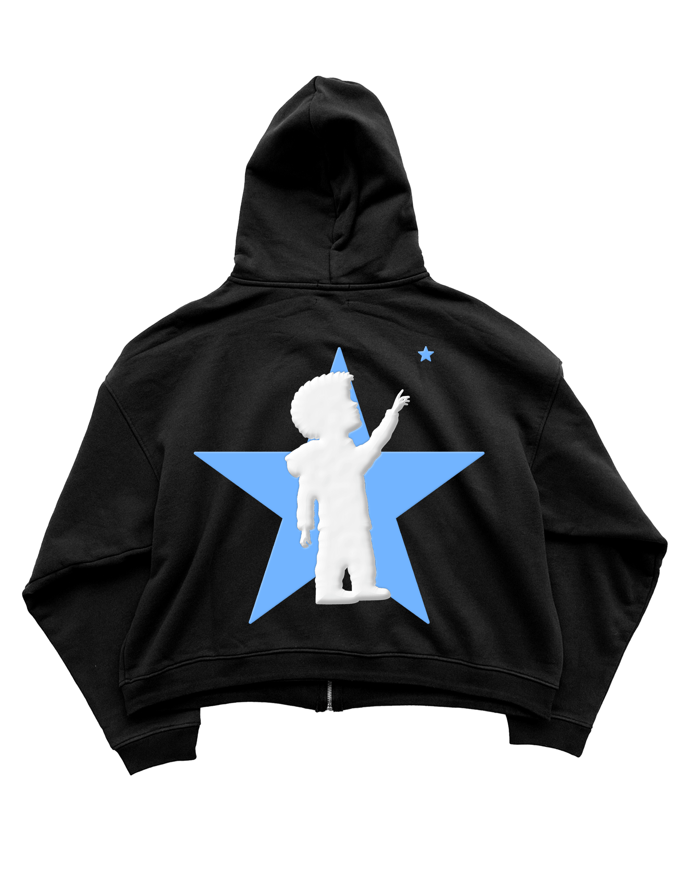 Black hoodie featuring a white silhouette design on a blue star, showcasing a stylish and modern streetwear look.