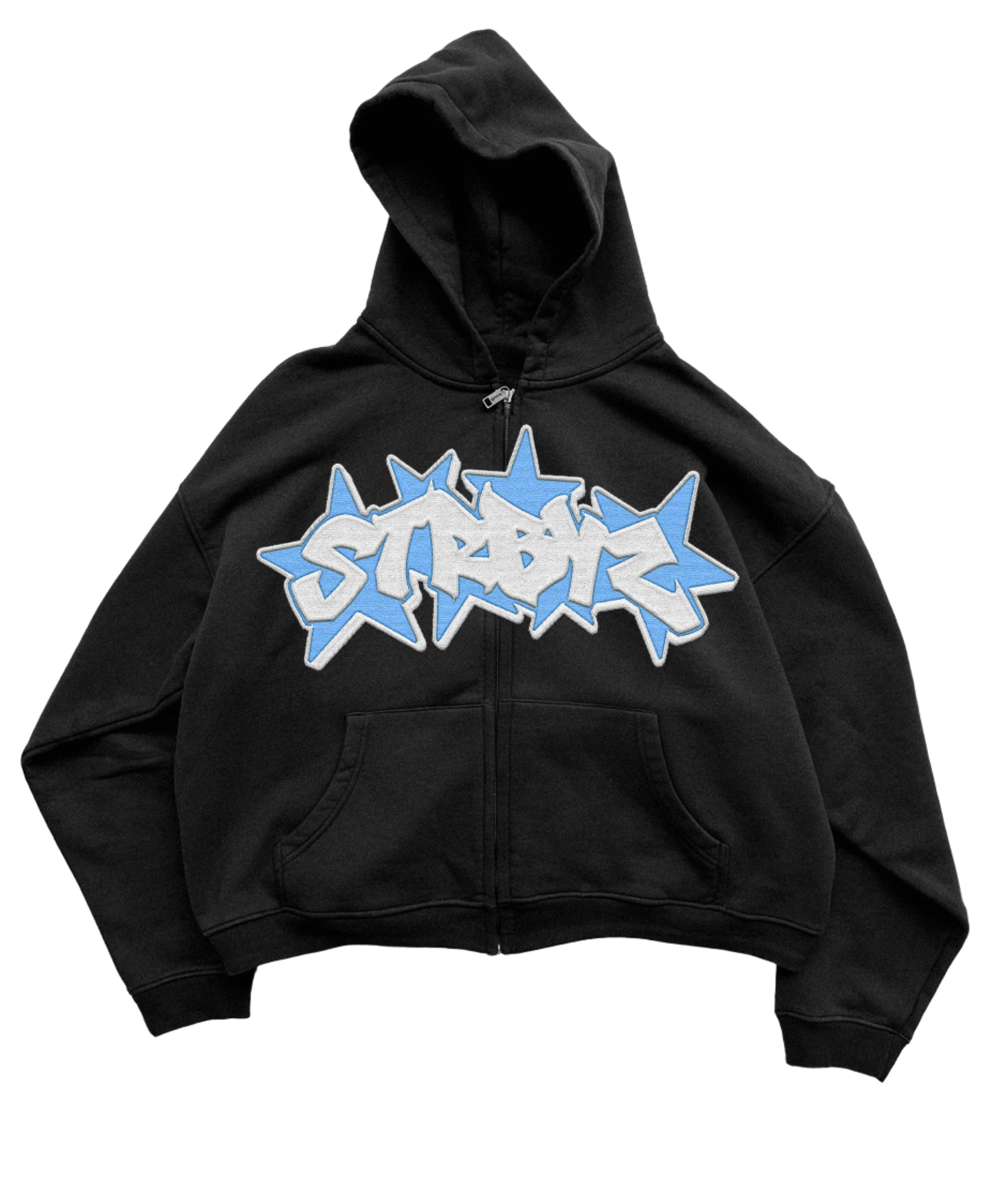 Black graffiti zip-up hoodie with blue 3D embroidered front design, premium French terry cotton, boxy fit.